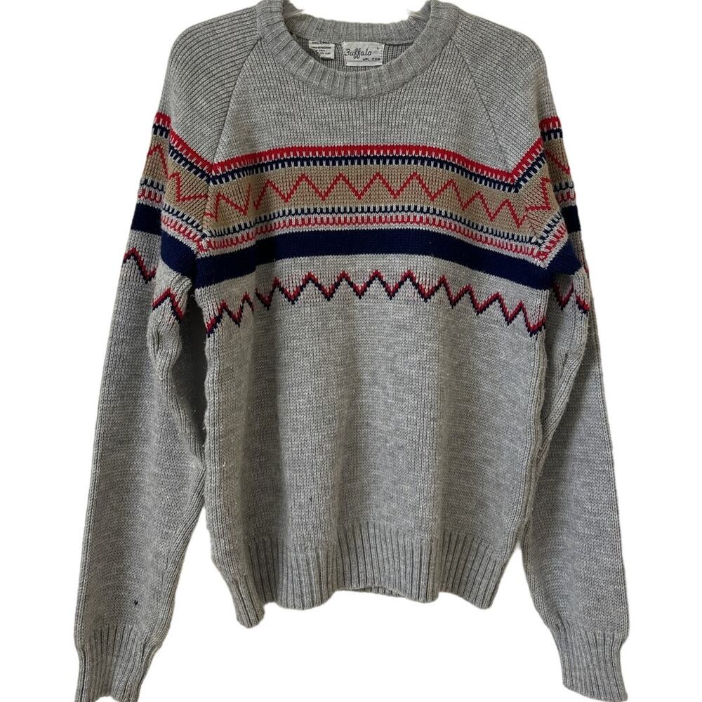 Vintage Buffalo Sweater, Large, Gray, Navy Blue, Red & Tan Long Sleeve Crewneck